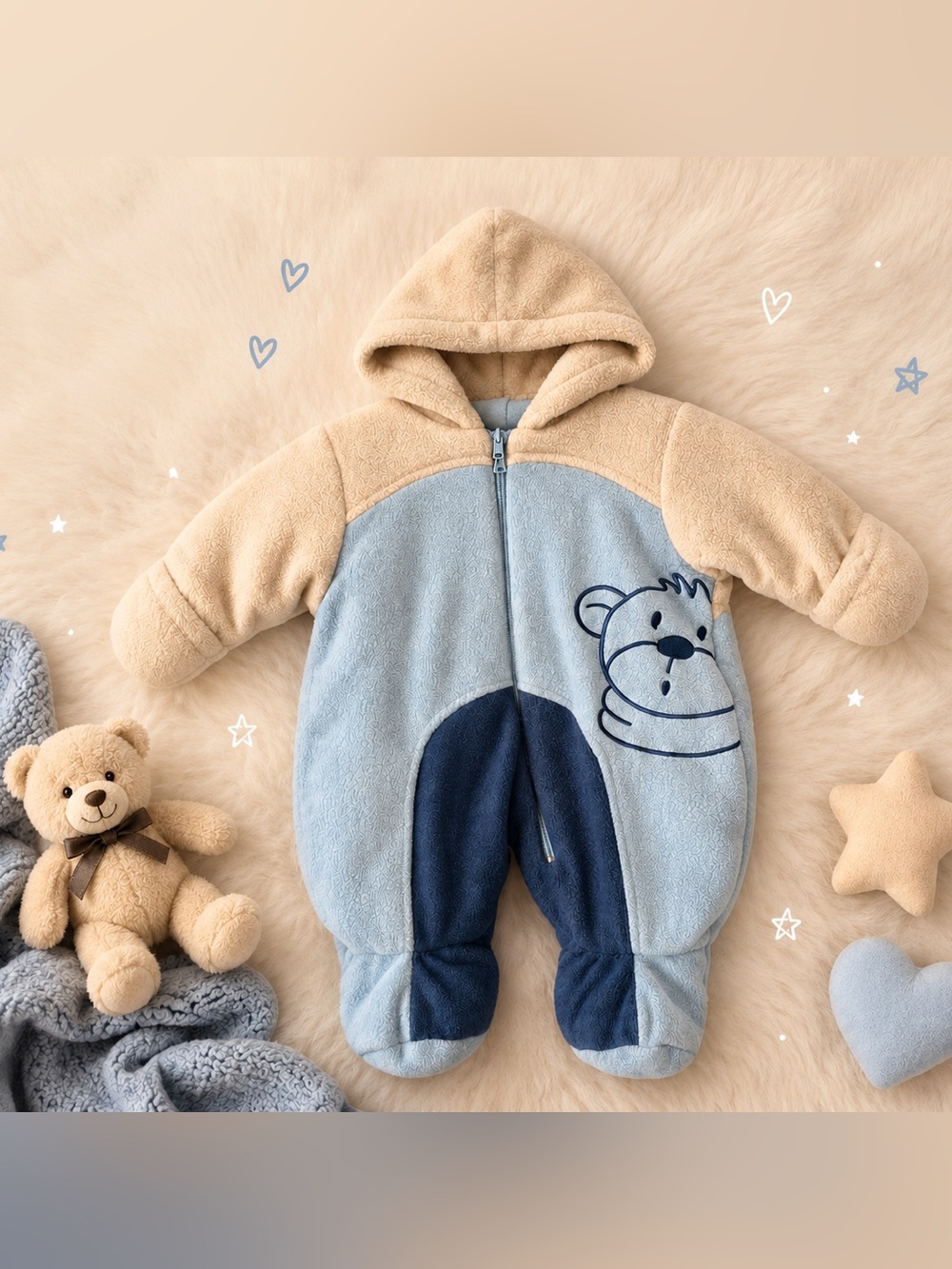 Baby Bell Blue Fleece Bunting Snowsuit 3M Hooded Bear One-Piece Winter Baby